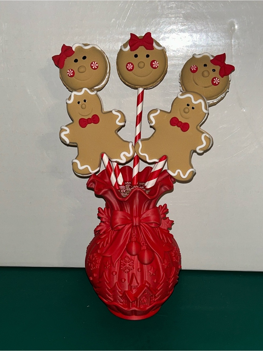 Red Holiday Fake Gingerbread Cookie Bouquet Handmade Christmas Decor